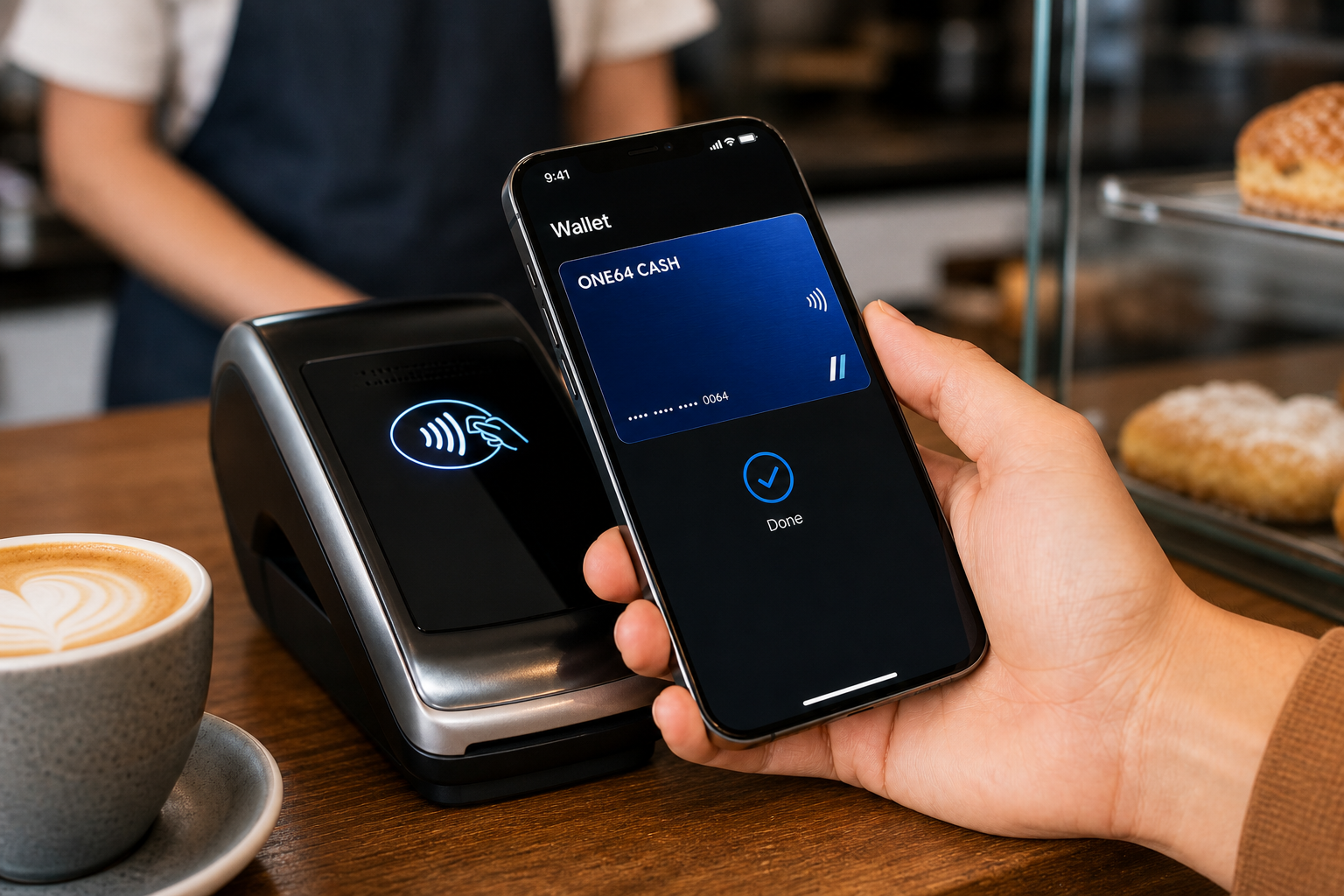 ONE64 CASH virtual debit card tapping to pay on a phone